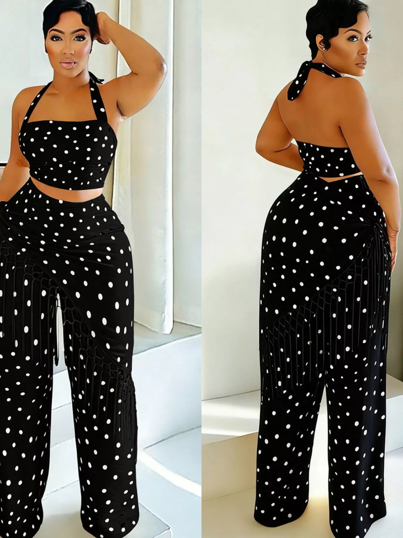 Polka Dot Halter Neck Cami and Fringe Trim Pants Set in Red for Women
