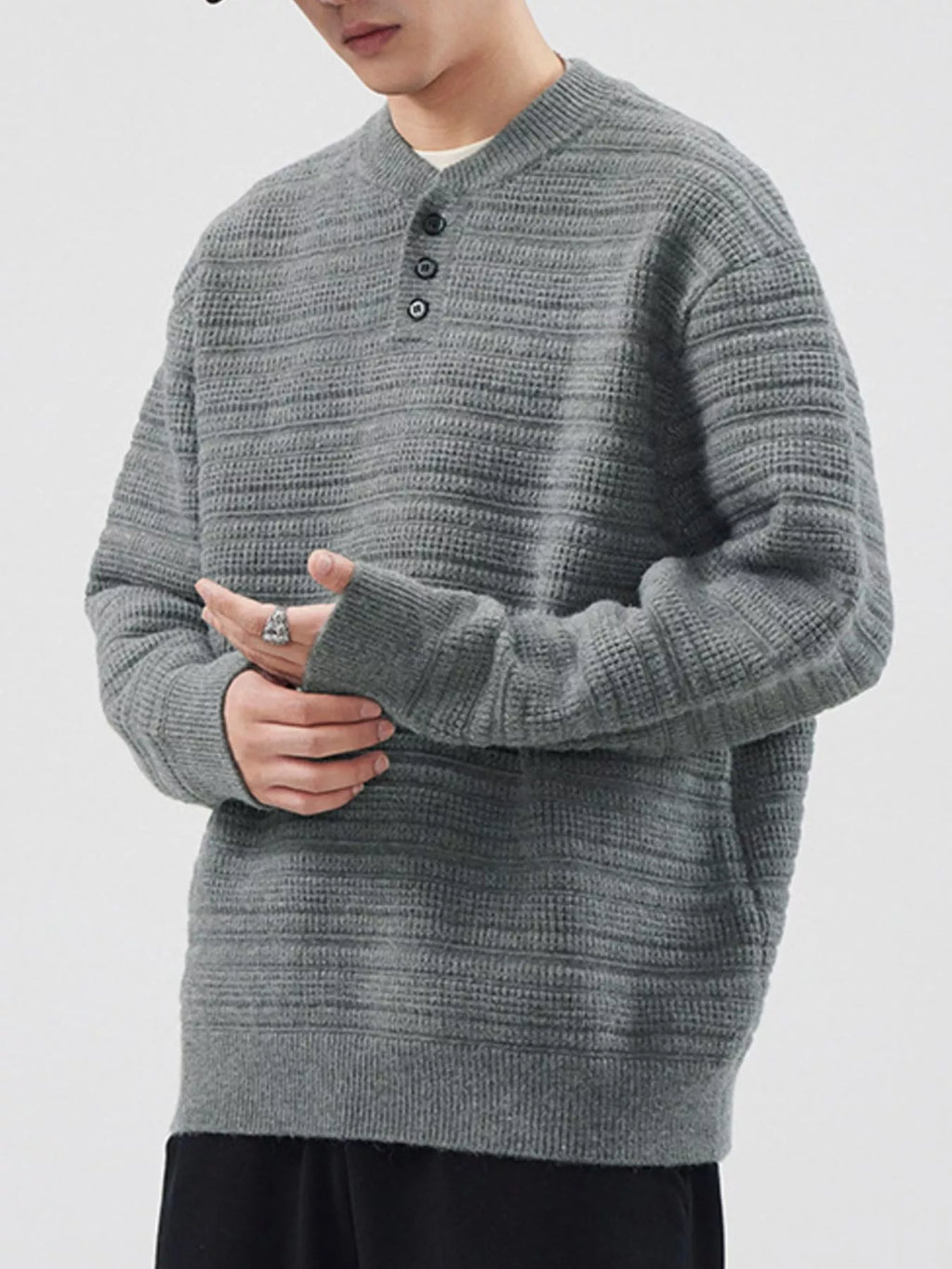 Plus Size Button Detail Long Sleeve Sweater in Gray Green for Men