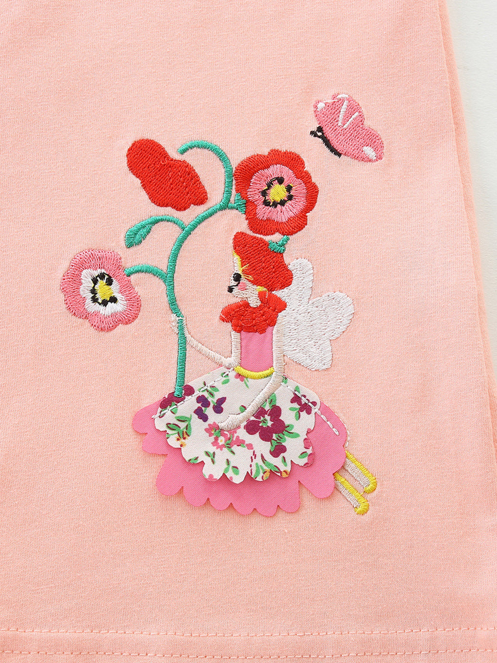 Floral Embroidered Ruffle Sleeve Casual Dress in Watermelon Pink for Girls