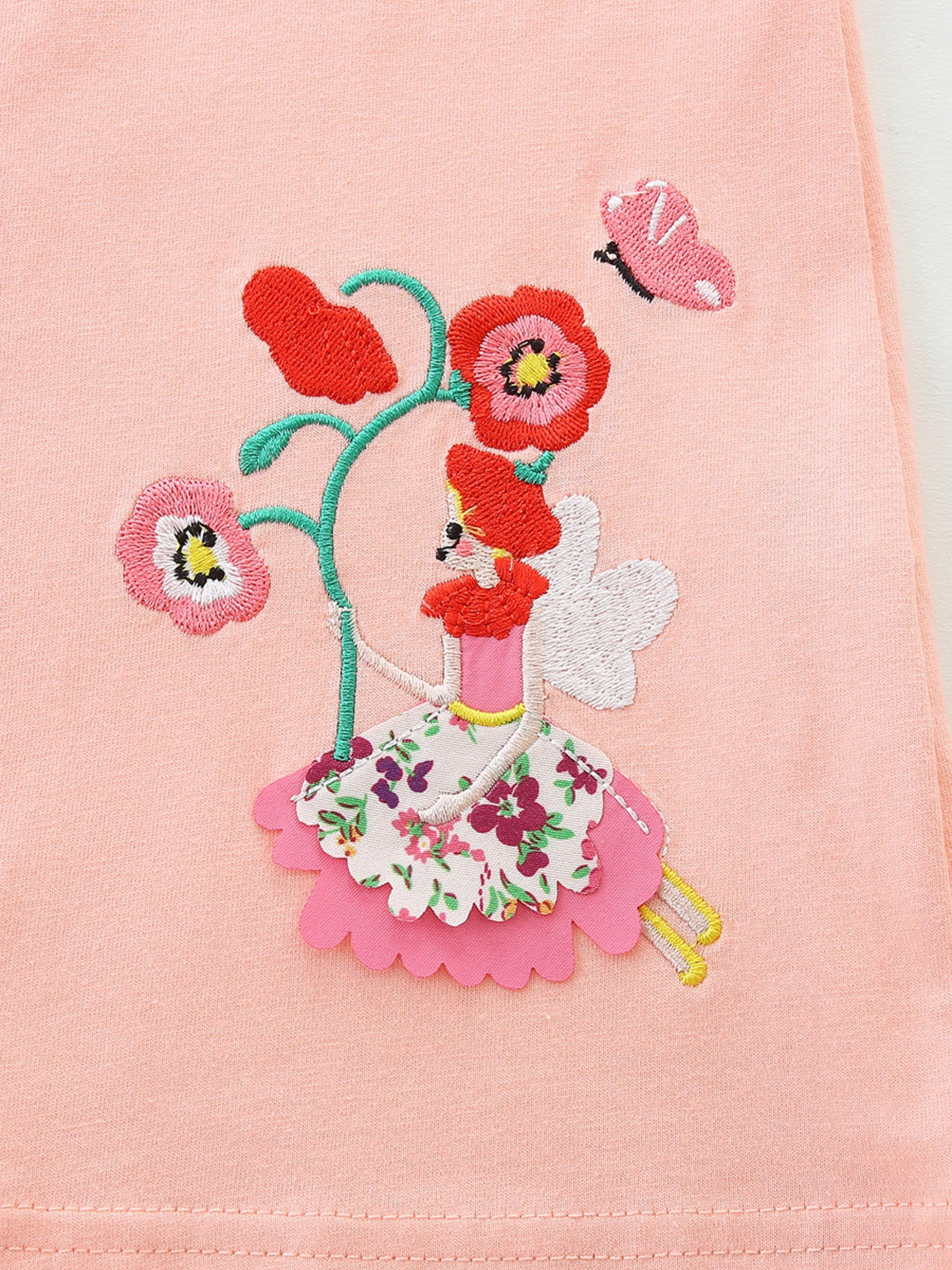 Floral Embroidered Ruffle Sleeve Casual Dress in Watermelon Pink for Girls