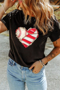 Baseball Distressed Heart Short Sleeve T-Shirt in Black for Women