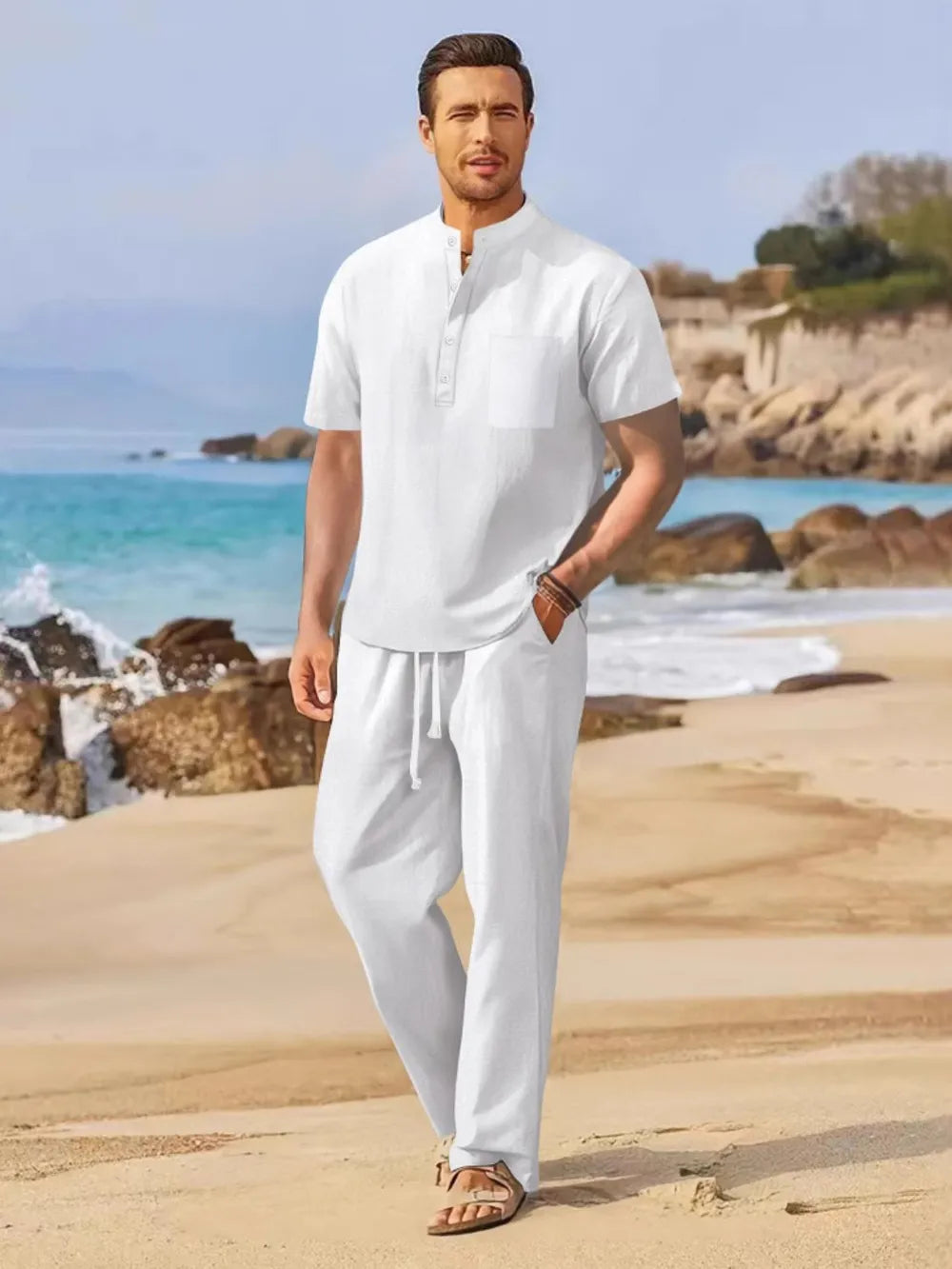 Half Button Top and Drawstring Pants Set Plus Size in Black for Men