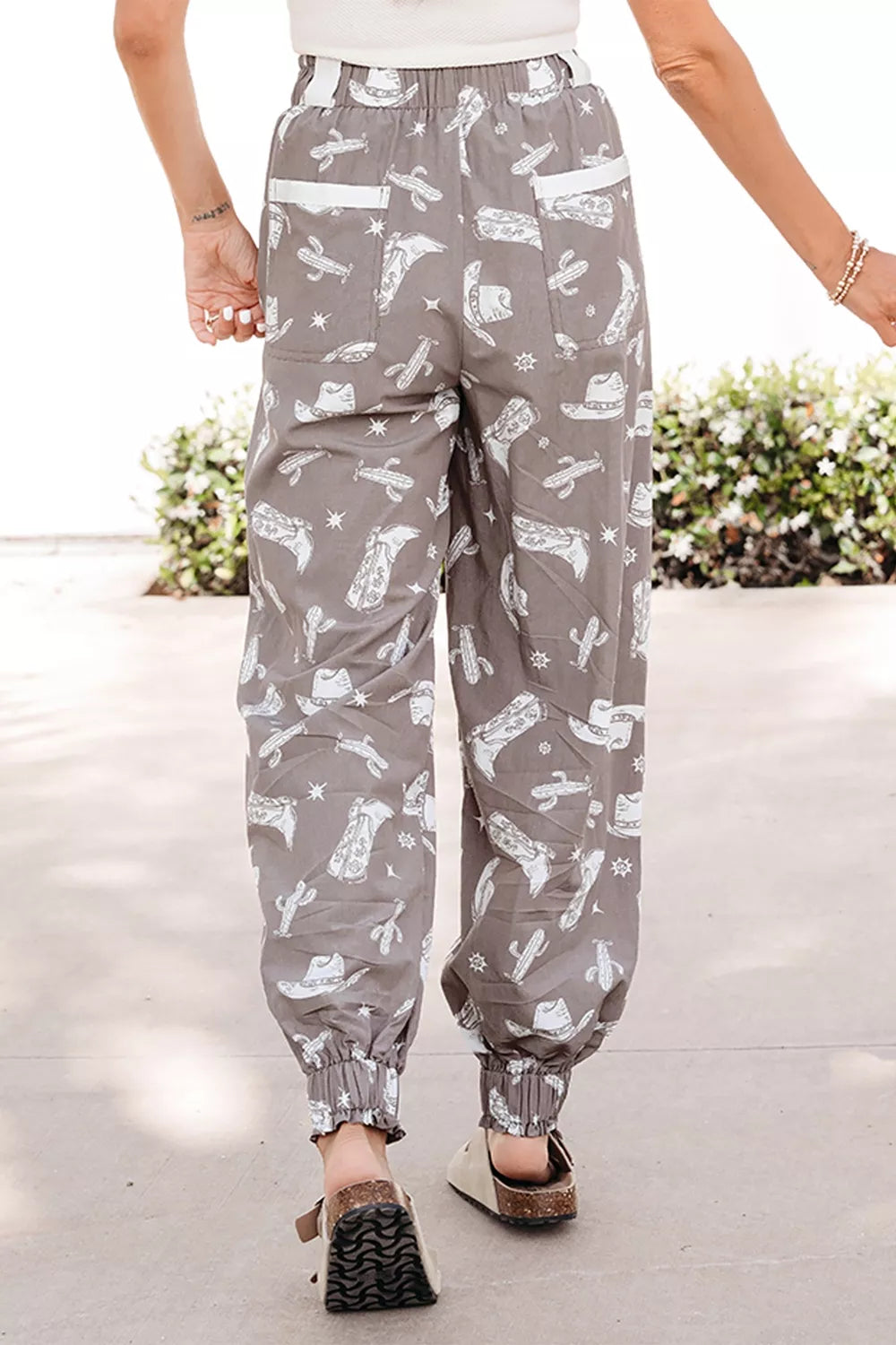 Western Cactus Cowgirl Hat Boot Printed Vintage Drawstring Jogger Pants in Mocha for Women