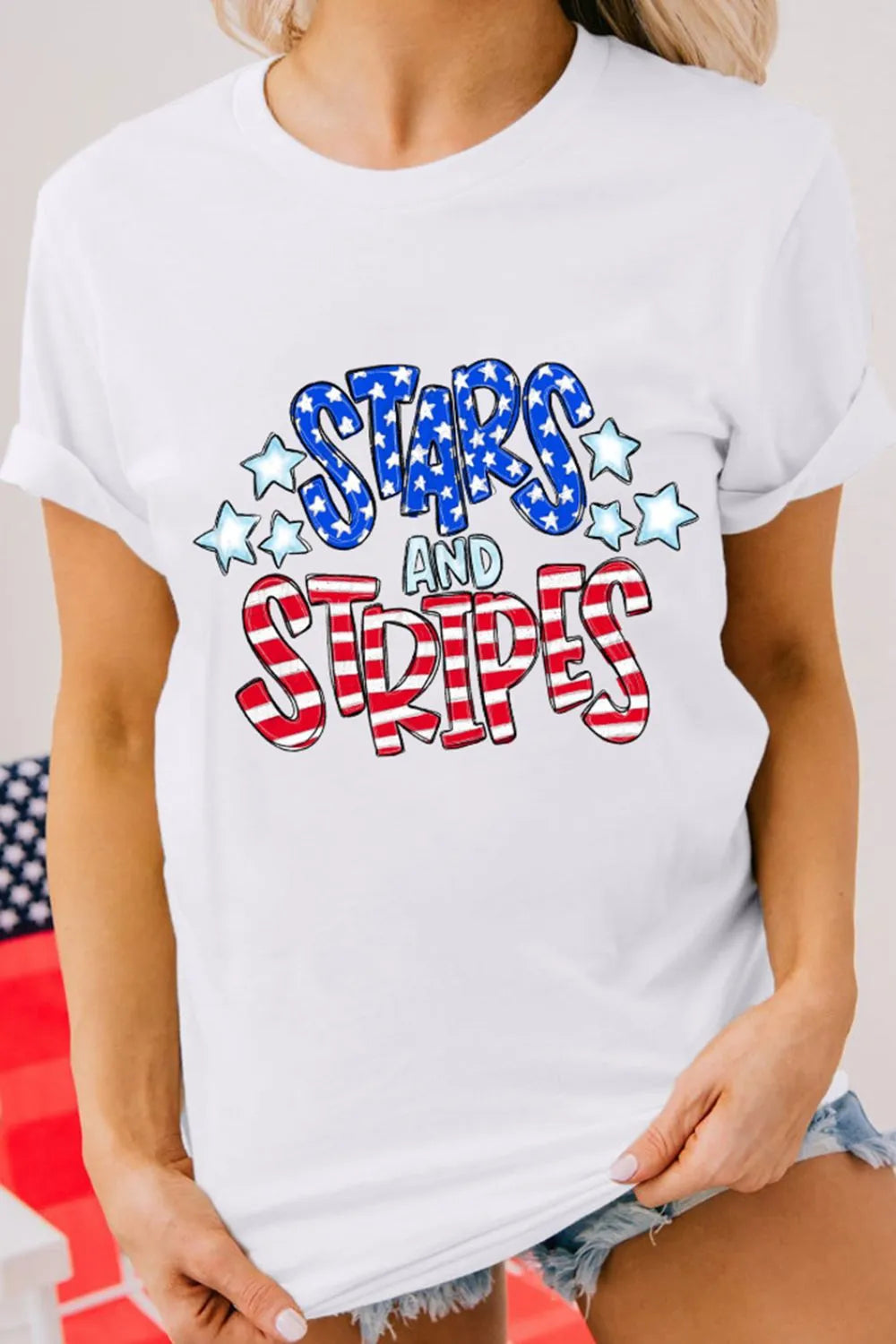 Stars and Stripes Round Neck Short Sleeve T-Shirt in White for Women