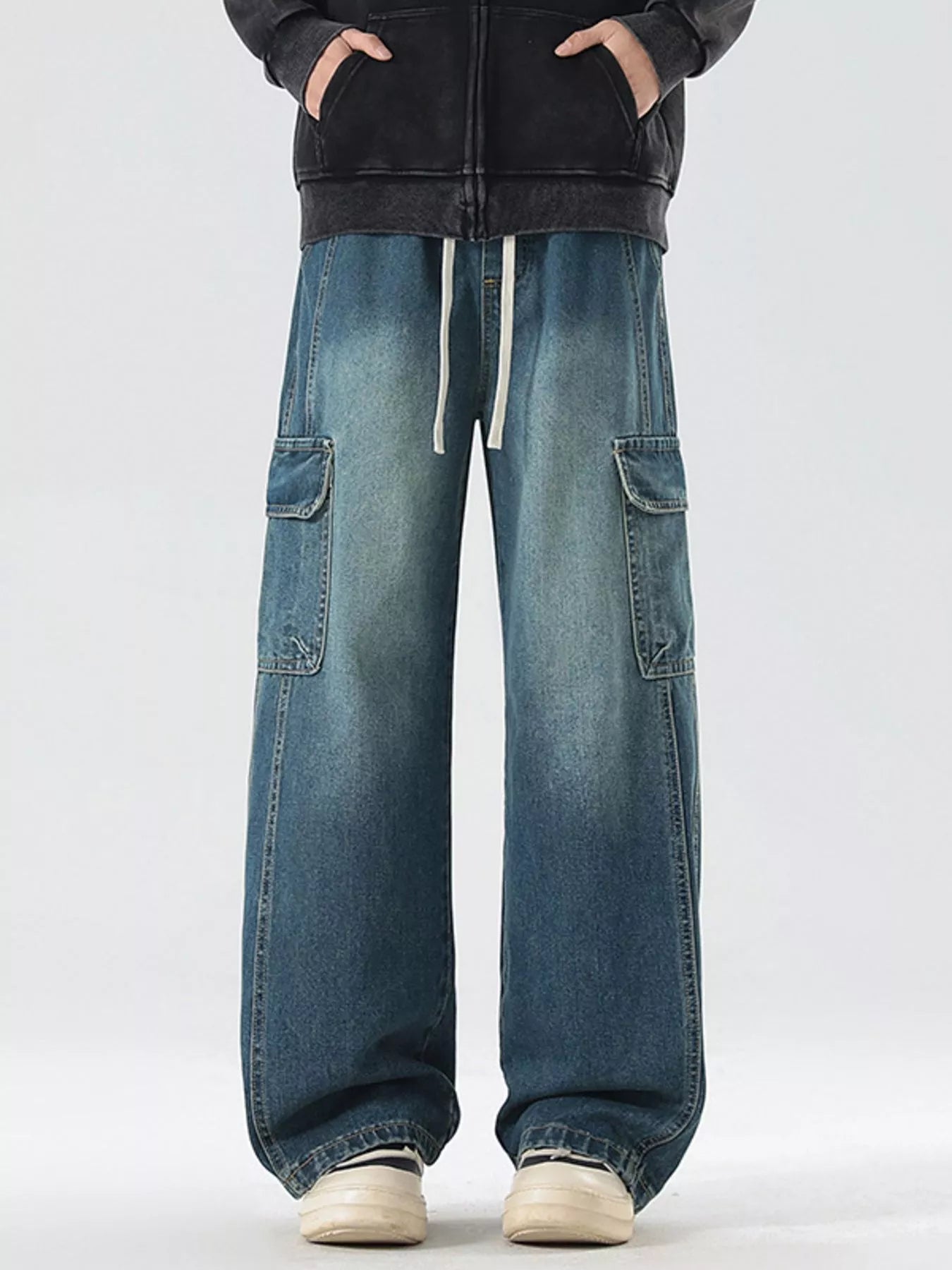 Wide Leg Cargo Jeans Plus Size in Cement Gray for Men