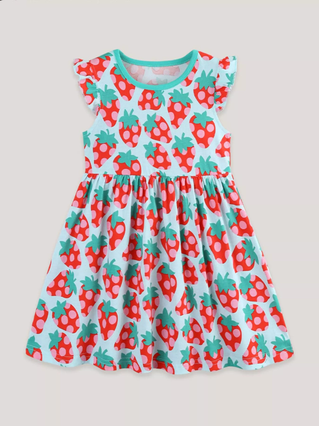 Strawberry Print Ruffle Sleeve Casual Dress in Multicolor for Girls