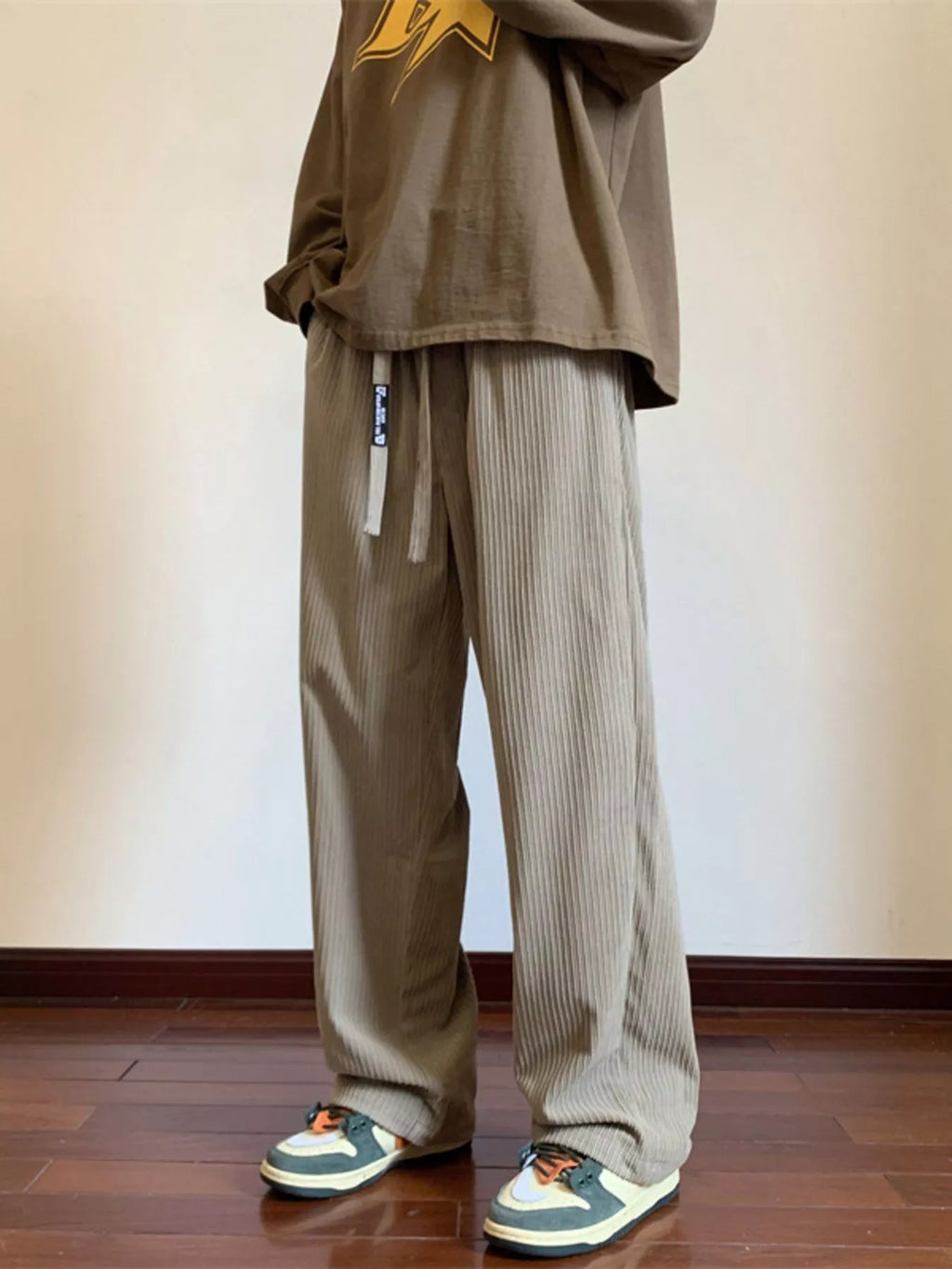 Plus Size Corduroy Wide Leg Drawstring Pants in Black for Men