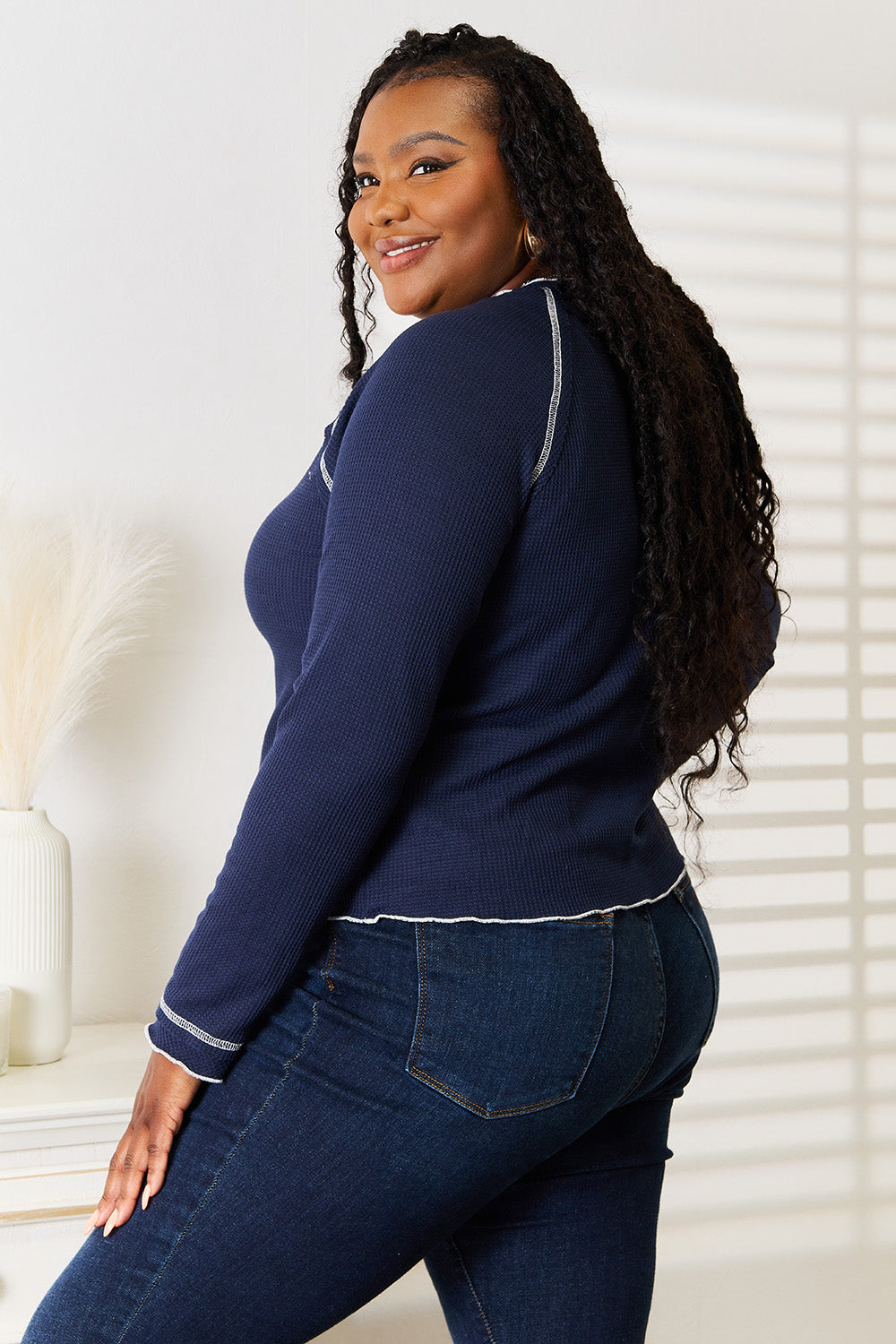 Long Raglan Sleeve Round Neck Top in Dark Blue for Women