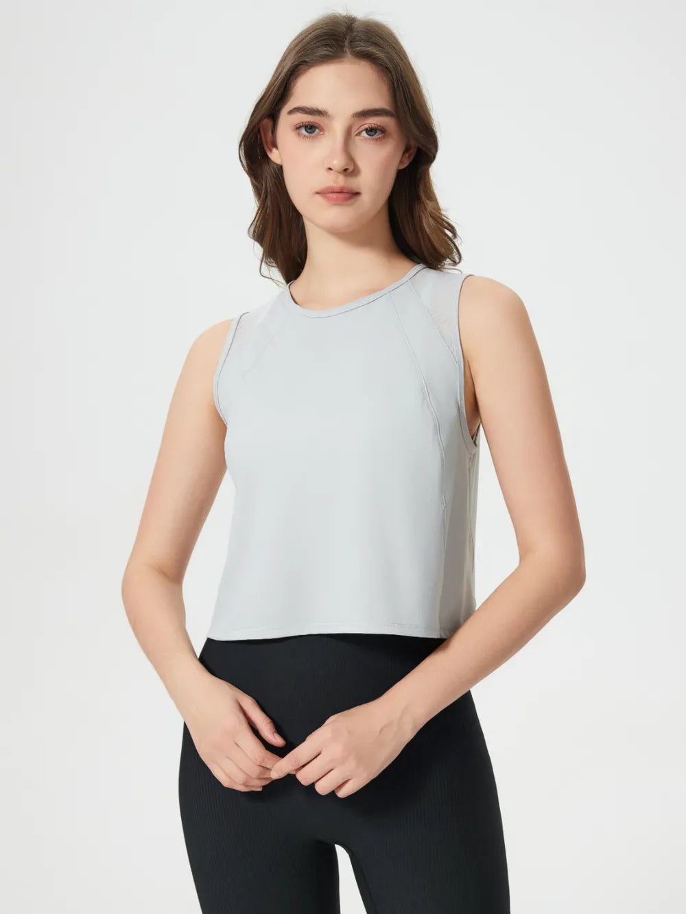 Round Neck Cropped Active Tank in Light Gray for Women
