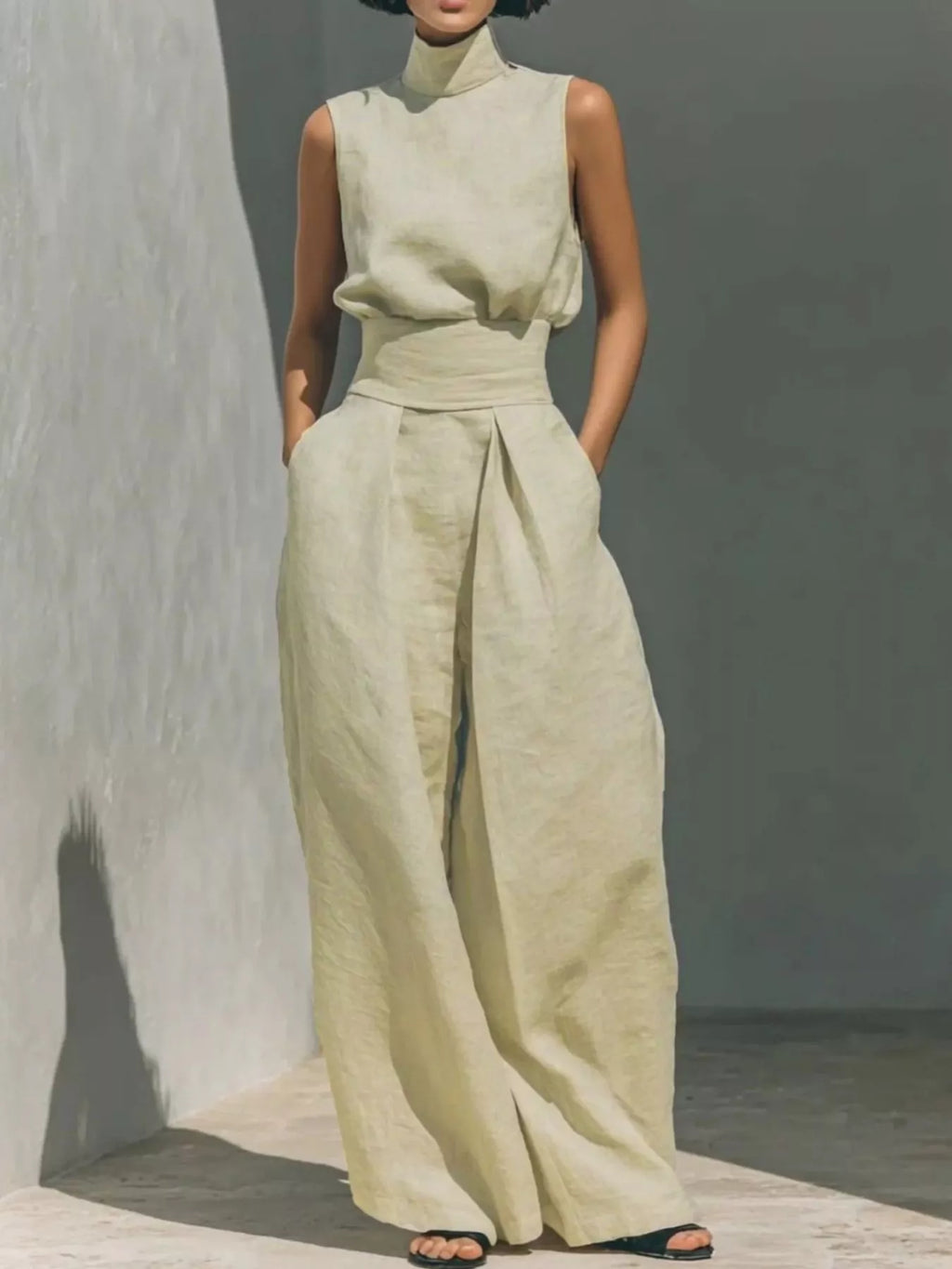 Turtleneck Sleeveless Top and Wide Leg Pants Set in Apricot for Women