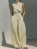 Turtleneck Sleeveless Top and Wide Leg Pants Set in Apricot for Women