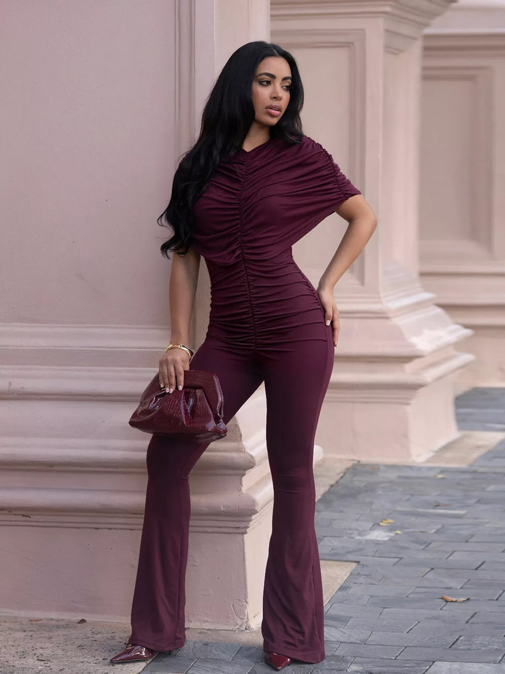 Ruched Flare Leg Jumpsuit in Black for Women