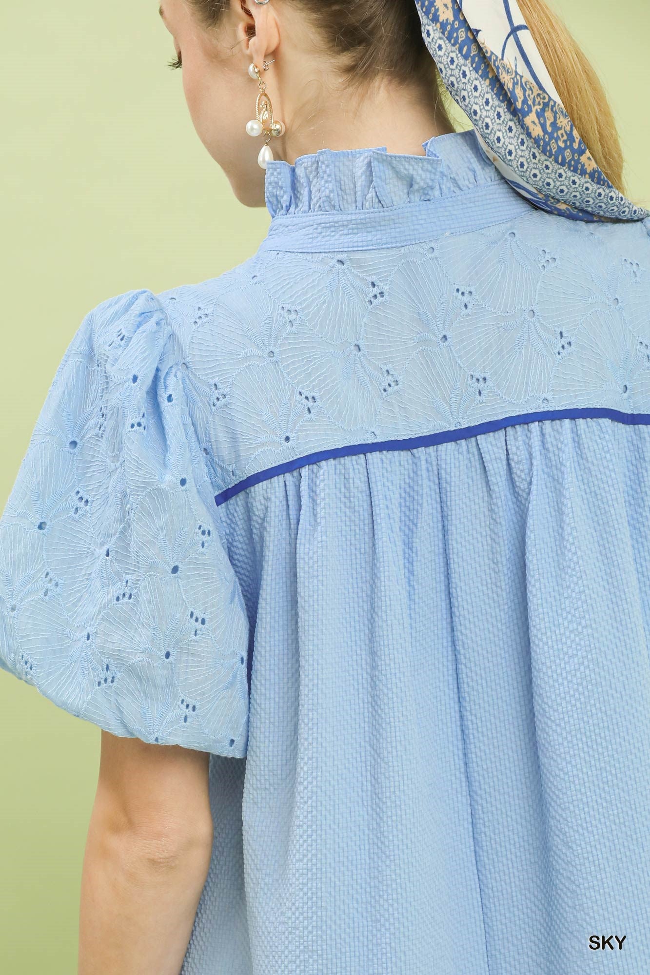 Puff Sleeve Textured Babydoll Dress in Sky for Women