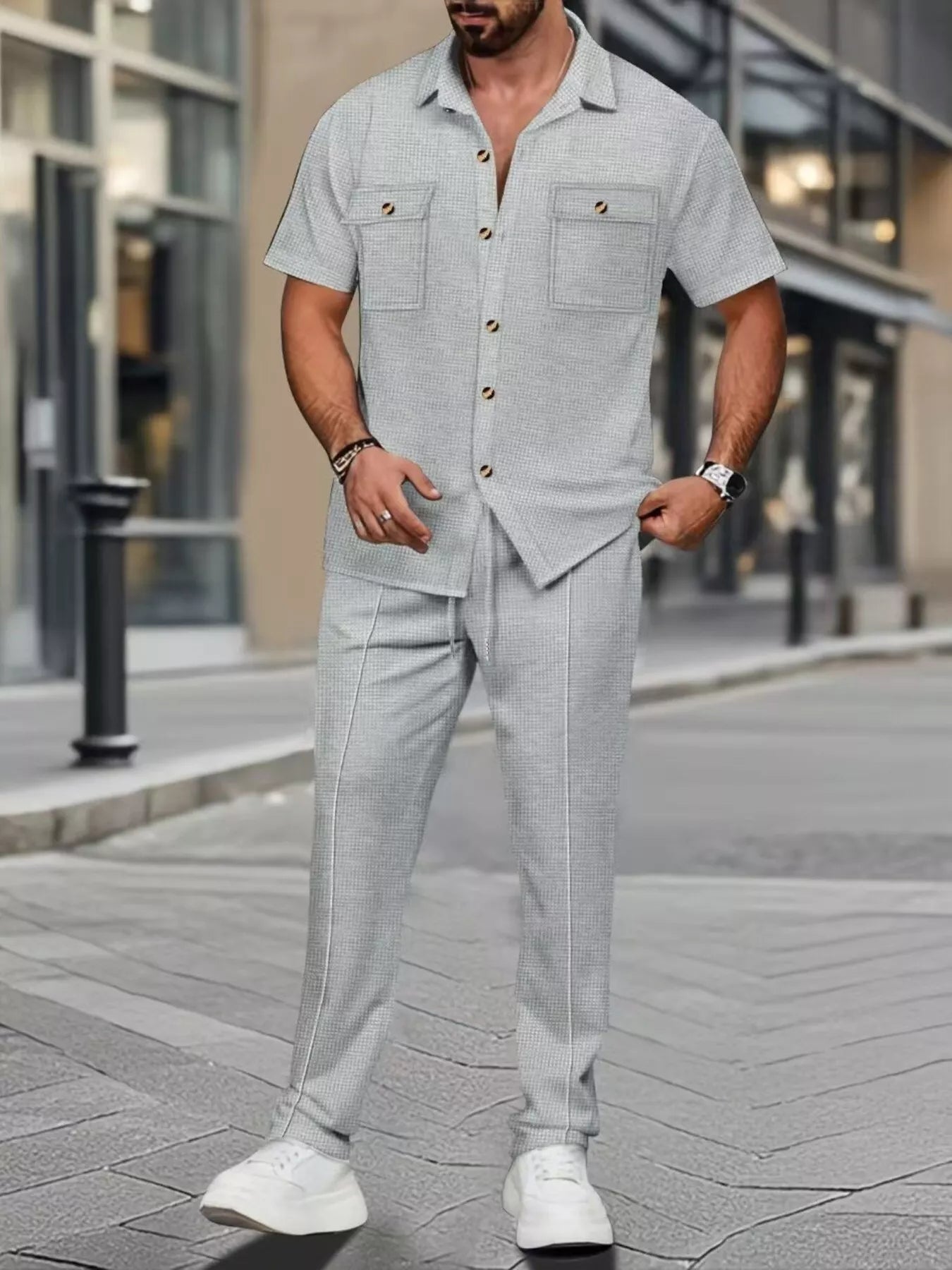Casual Short Sleeve Shirt and Pants Set Plus Size in White for Men