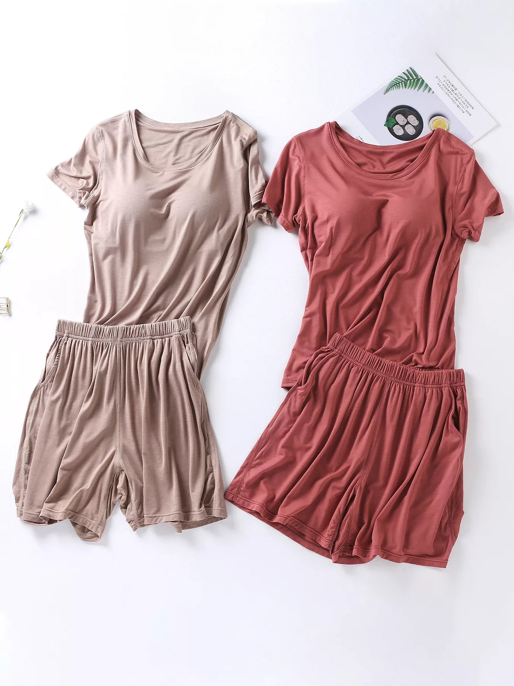 Plus Size Padded Round Neck Modal T-Shirt and Shorts Set in Black for Women