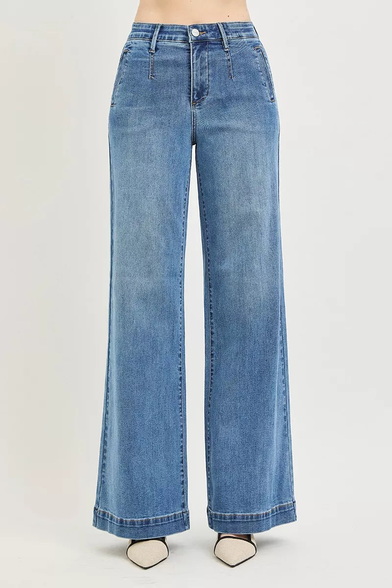 Tummy Control Elastic Band High Rise Wide Jeans in Medium for Women