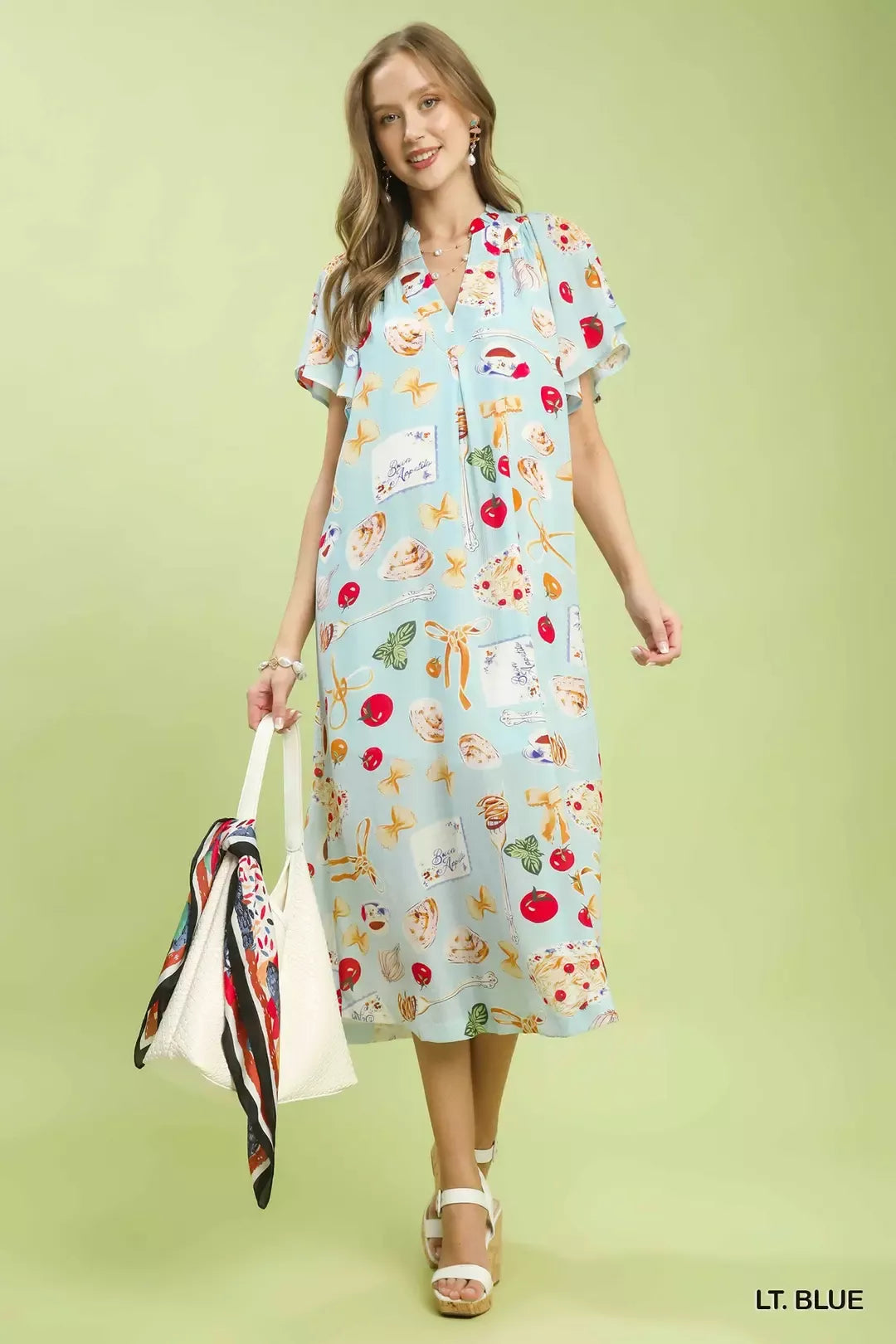 Abstract Print Flutter Sleeve Midi Dress in Light Blue for Women