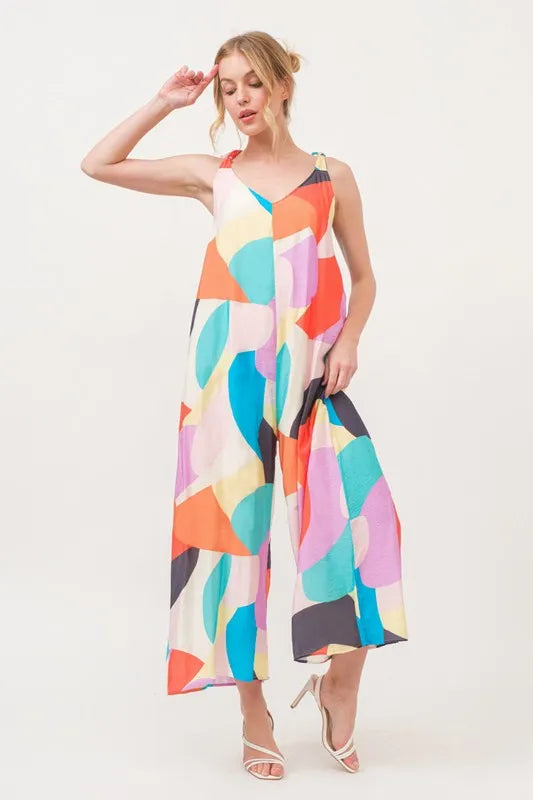 Tied Shoulder Straps Wide-Leg Geo Print Jumpsuit for Women