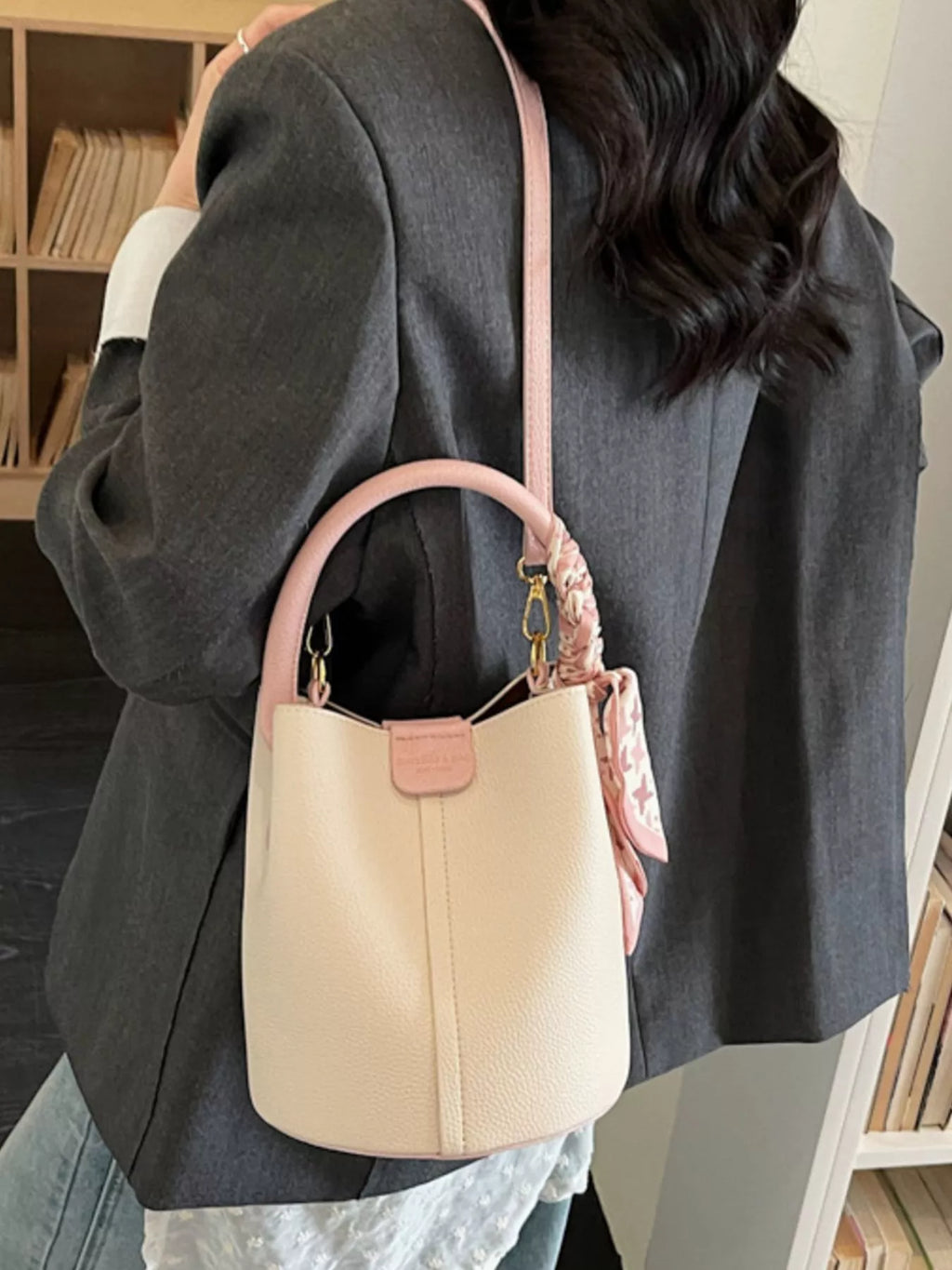 Leather Bucket Crossbody Bag in Cream for Women