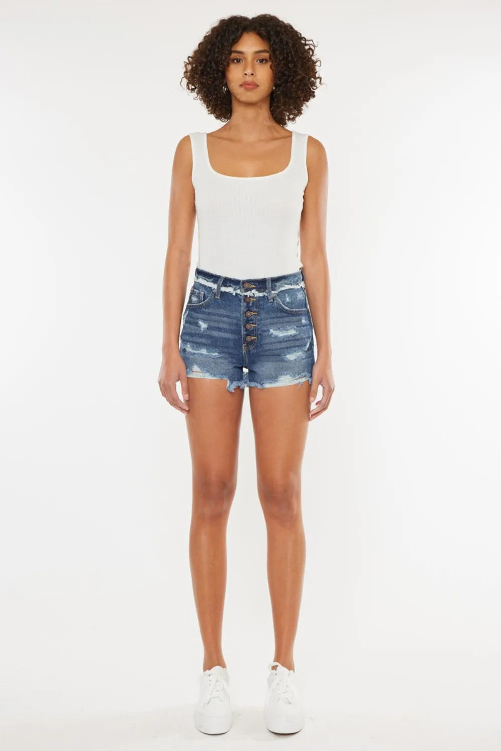 Distressed Button Fly Denim Shorts in Dark for Women