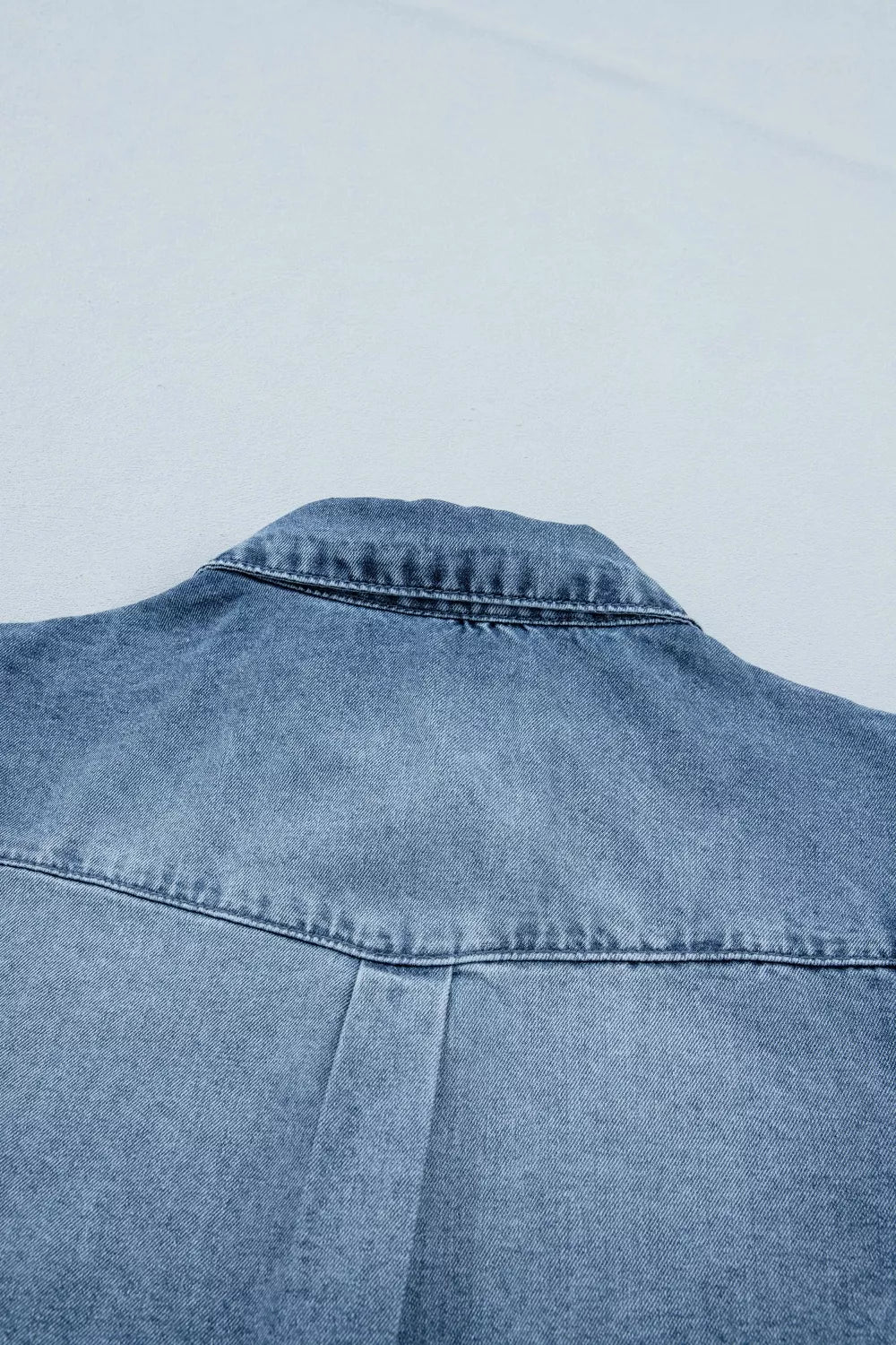 Frilled Short Sleeve Snap Button Denim Shirt for Women