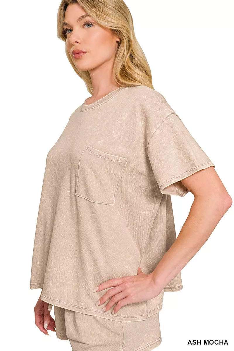 French Terry Acid Washed Relaxed Top & Short Set in Mocha for Women