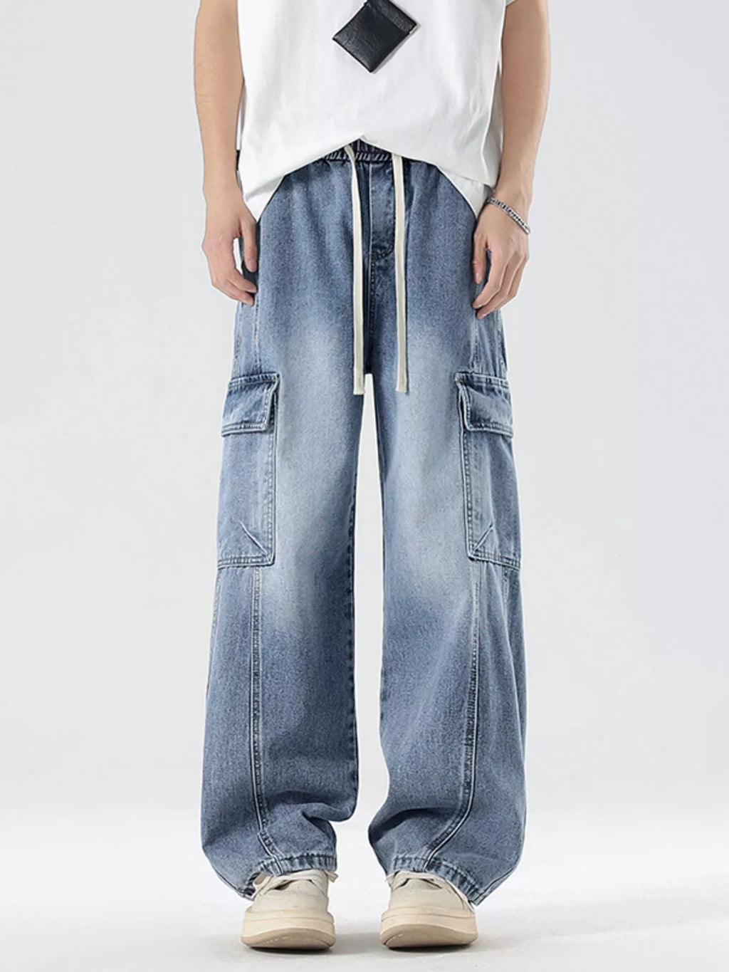 Plus Size Wash Wide Leg Cargo Jeans in Gray for Men