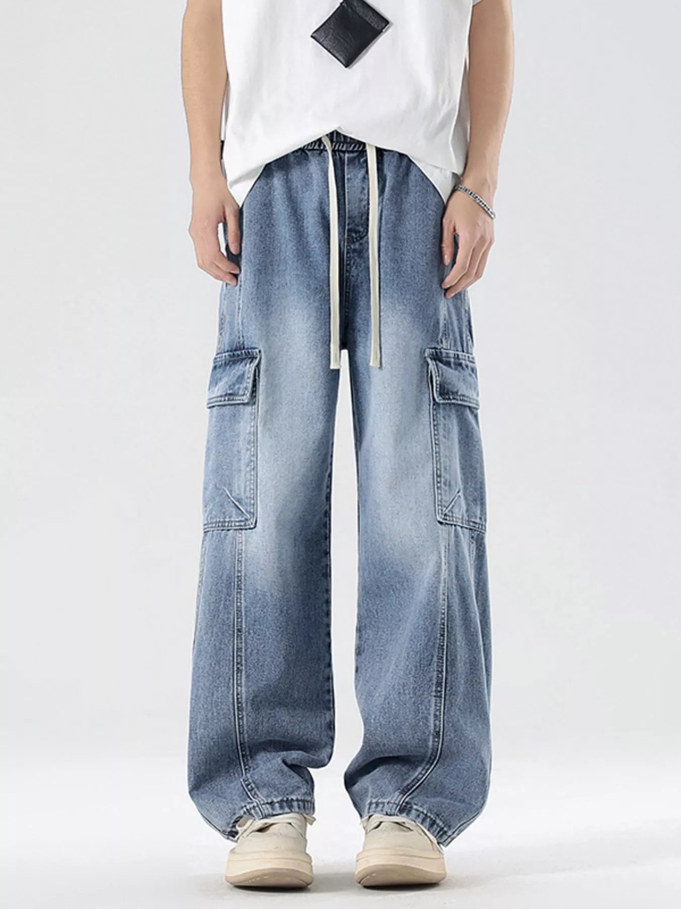 Plus Size Wash Wide Leg Cargo Jeans in Gray for Men