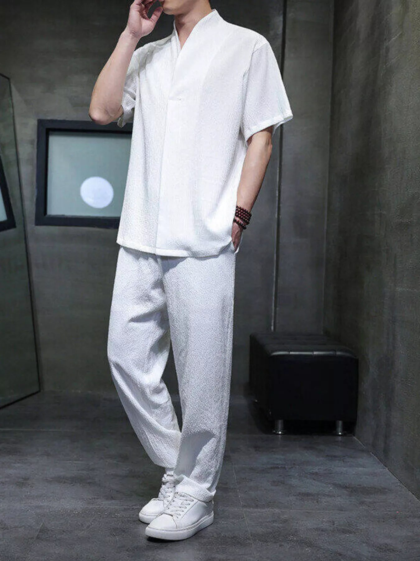Plus Size Casual Short Sleeve Top and Pants Set in Black for Men