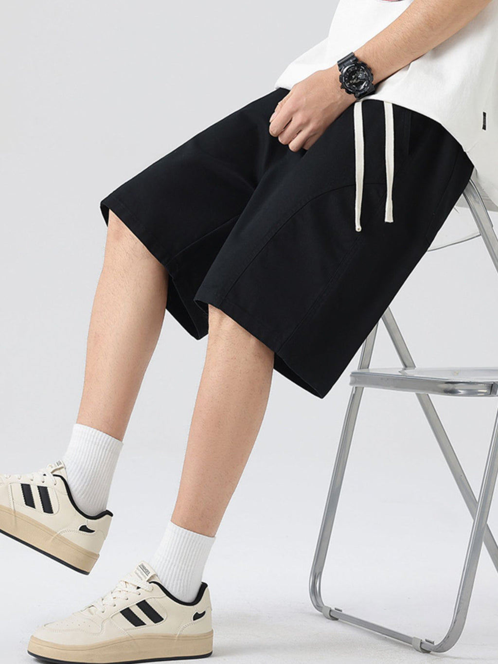 Casual Loose-Fit Drawstring Shorts Plus Size in Cream for Men
