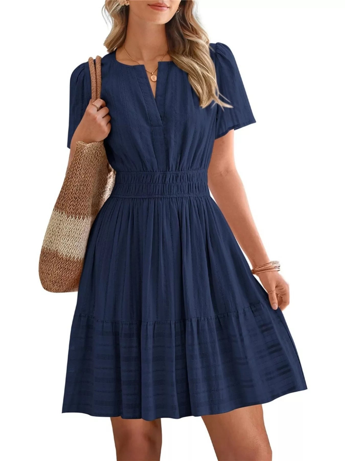 Short Sleeve Smocked Waist Tiered Dress in Navy for Women