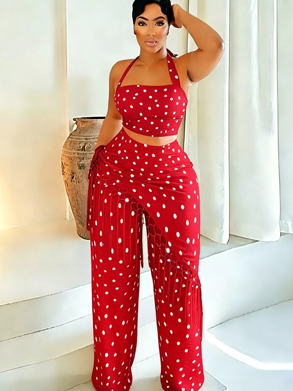 Polka Dot Halter Neck Cami and Fringe Trim Pants Set in Red for Women