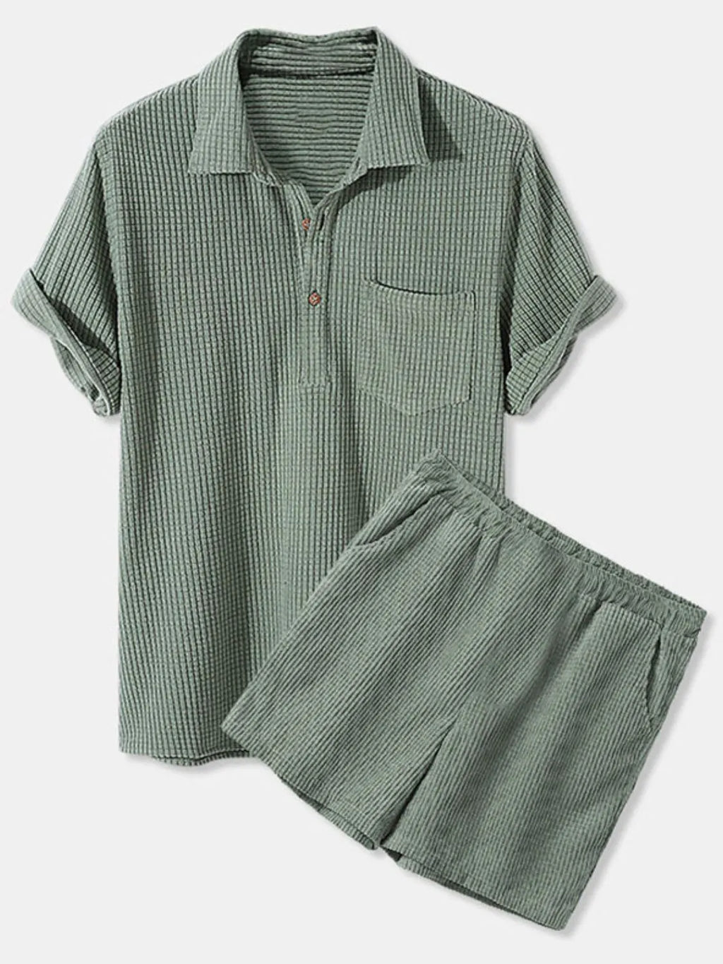 Button Detail Short Sleeve Top and Shorts Set Plus Size in Apricot for Men