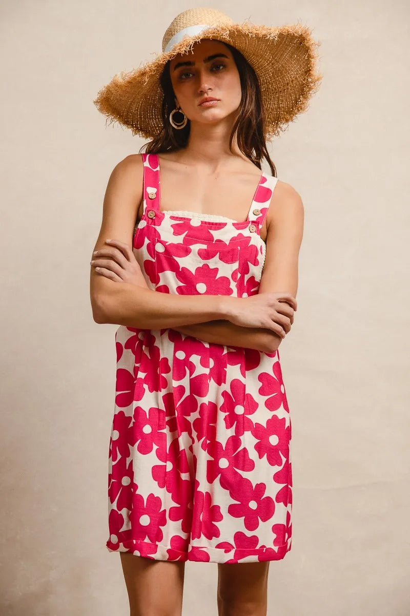 Floral Prints Tuck Detail Short Overall with Pockets for Women