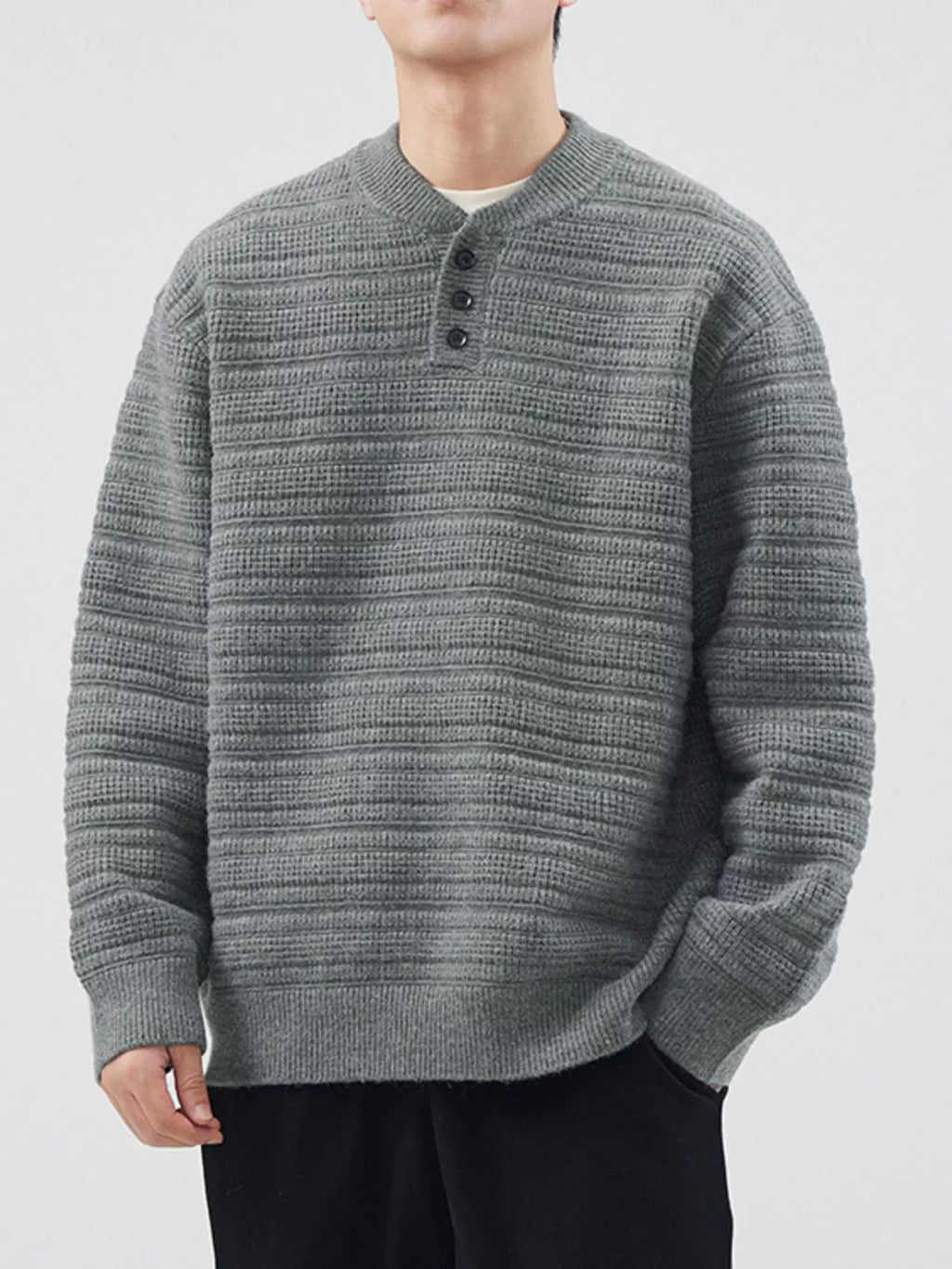 Plus Size Button Detail Long Sleeve Sweater in Gray Green for Men