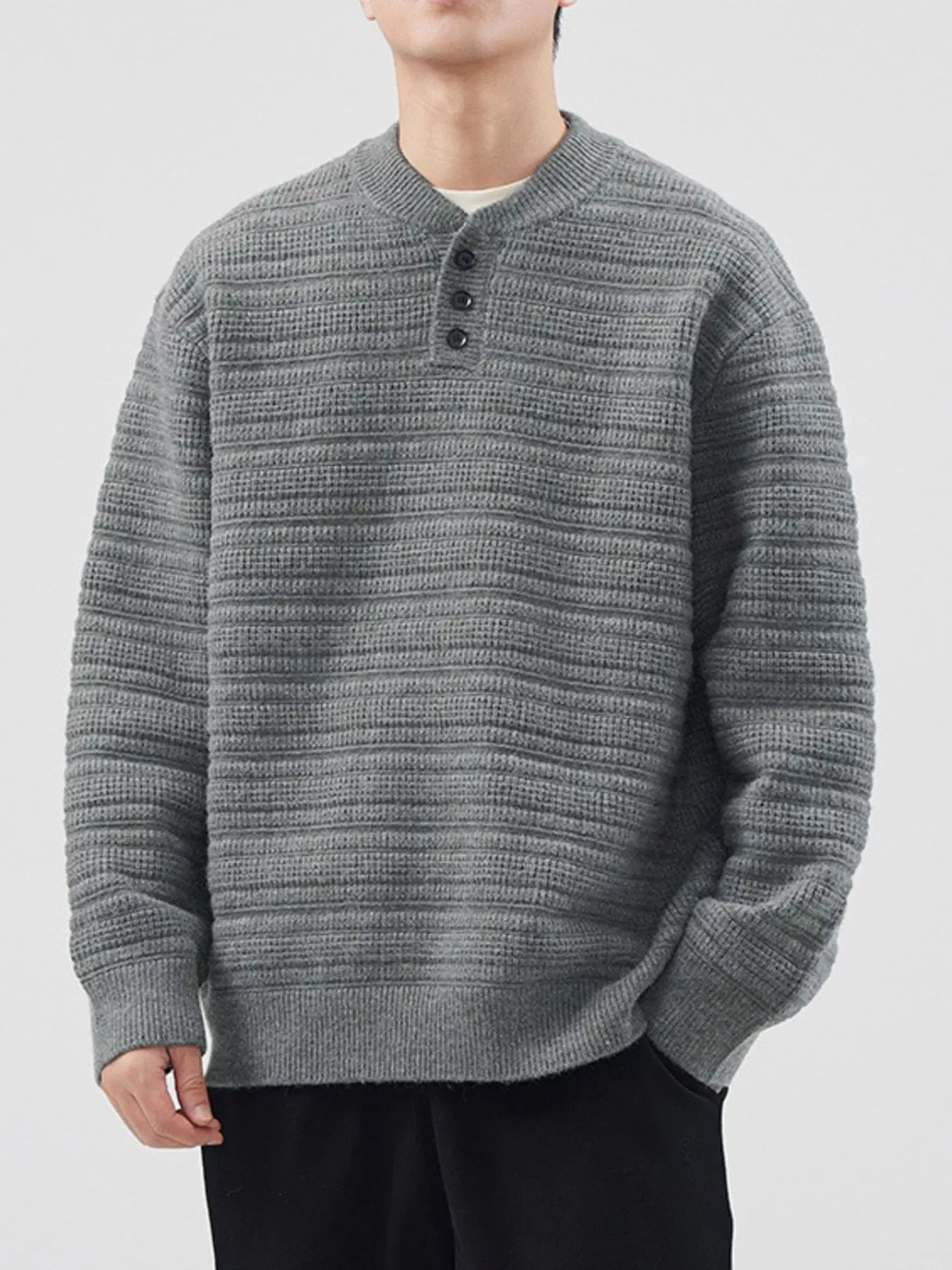 Plus Size Button Detail Long Sleeve Sweater in Gray Green for Men