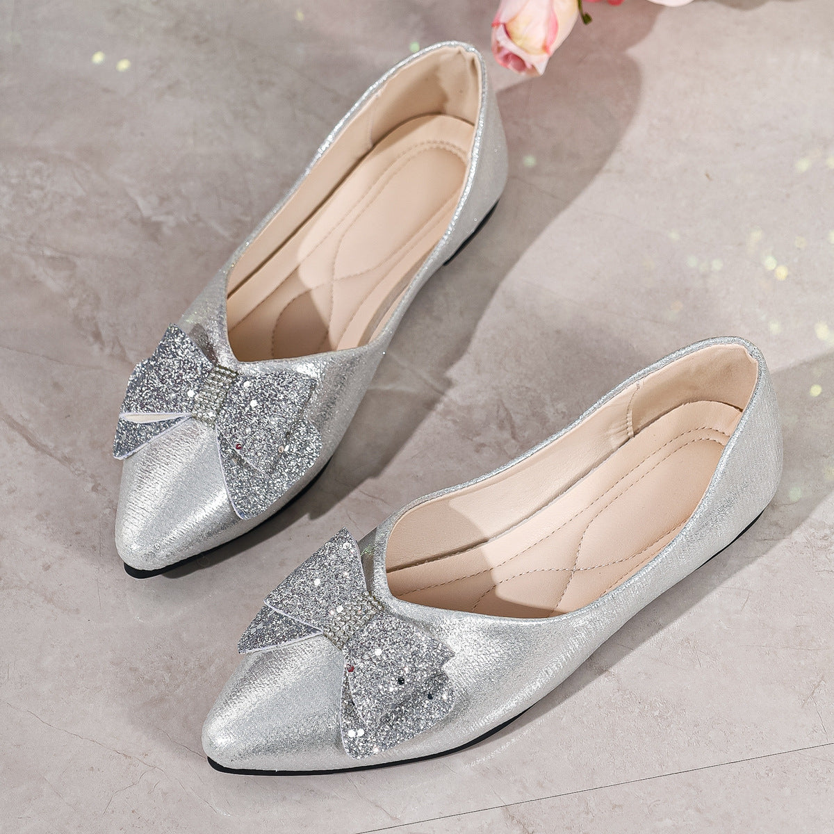 Bow Point Toe Slip-Ons in Gold for Women