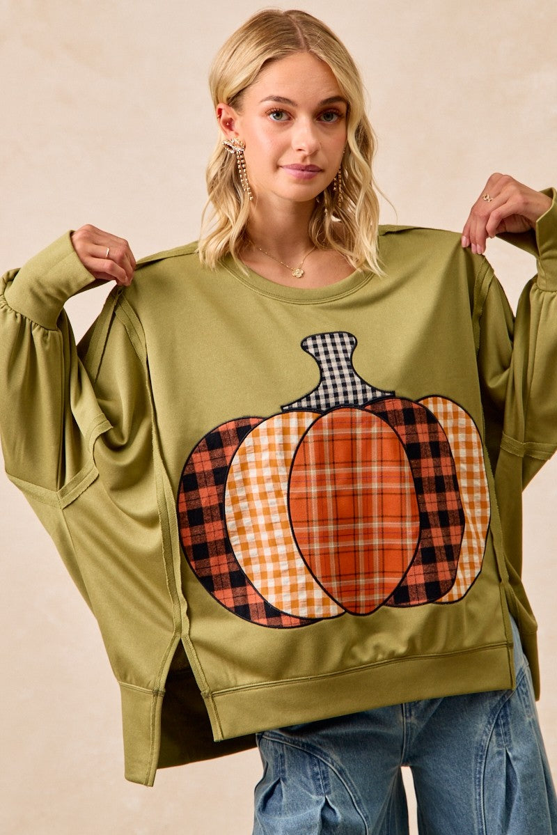 Plaid Mix Pumpkin Patchwork Cut Edge Detail Oversized French Terry Sweatshirt in Olive for Women