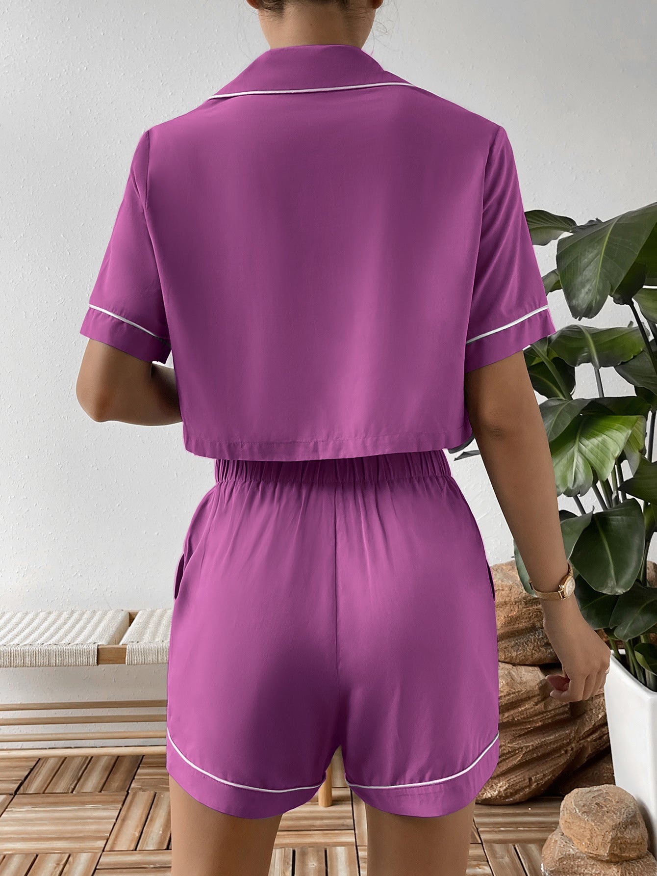 Ivy Lane Contrast Lapel Collar Cropped Shirt and Shorts Lounge Set in Red-Violet for Women