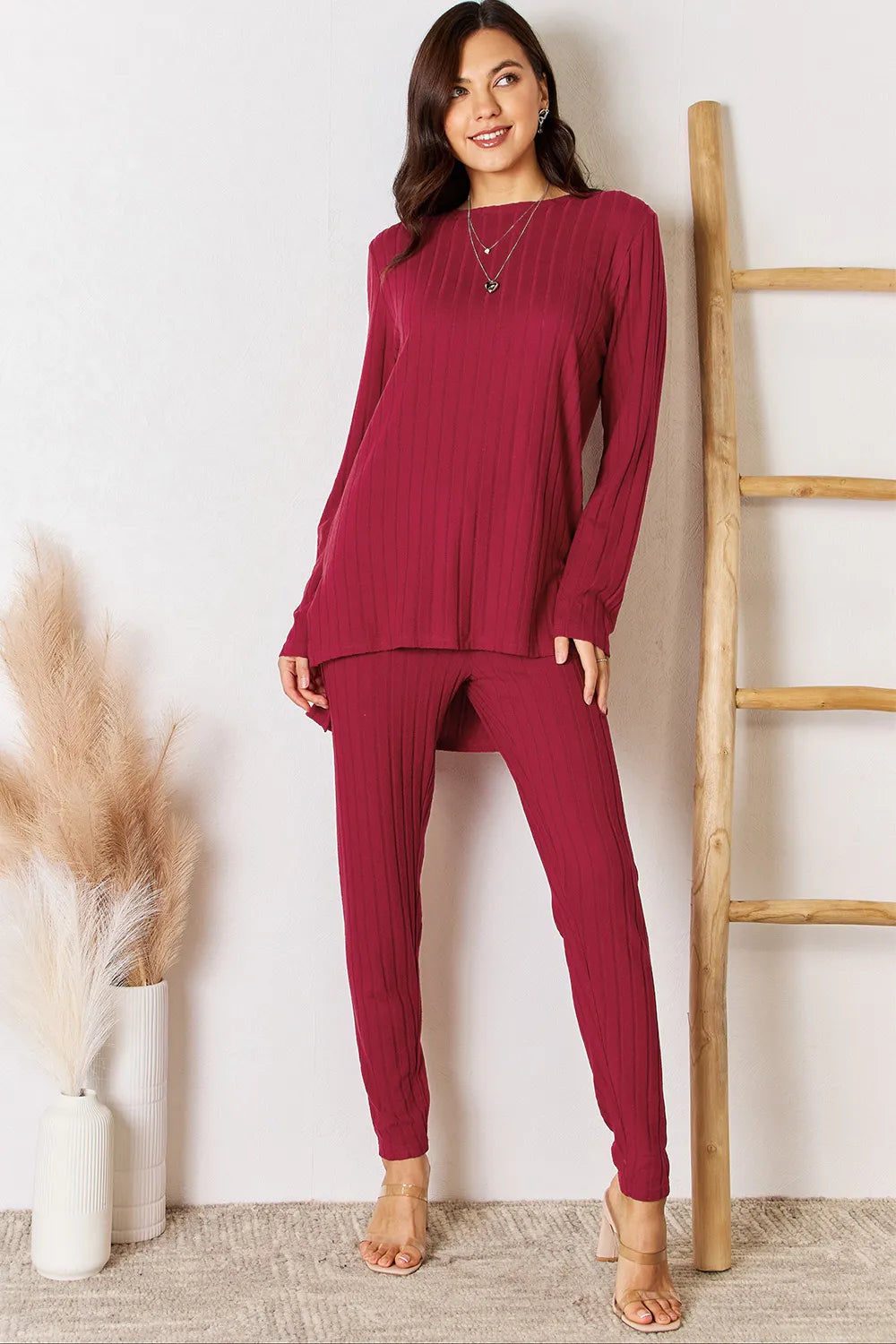 Plus Size Ribbed Round Neck High-Low Slit Top and Pants Set in Deep Red for Women