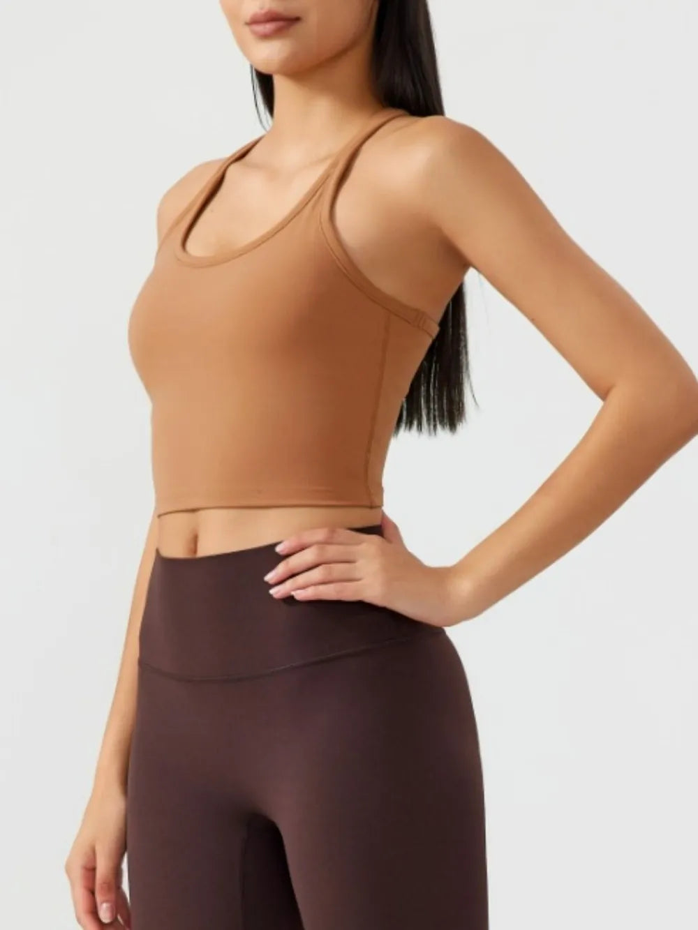 Scoop Neck Active Tank with Detachable Chest Pads in Caramel for Women