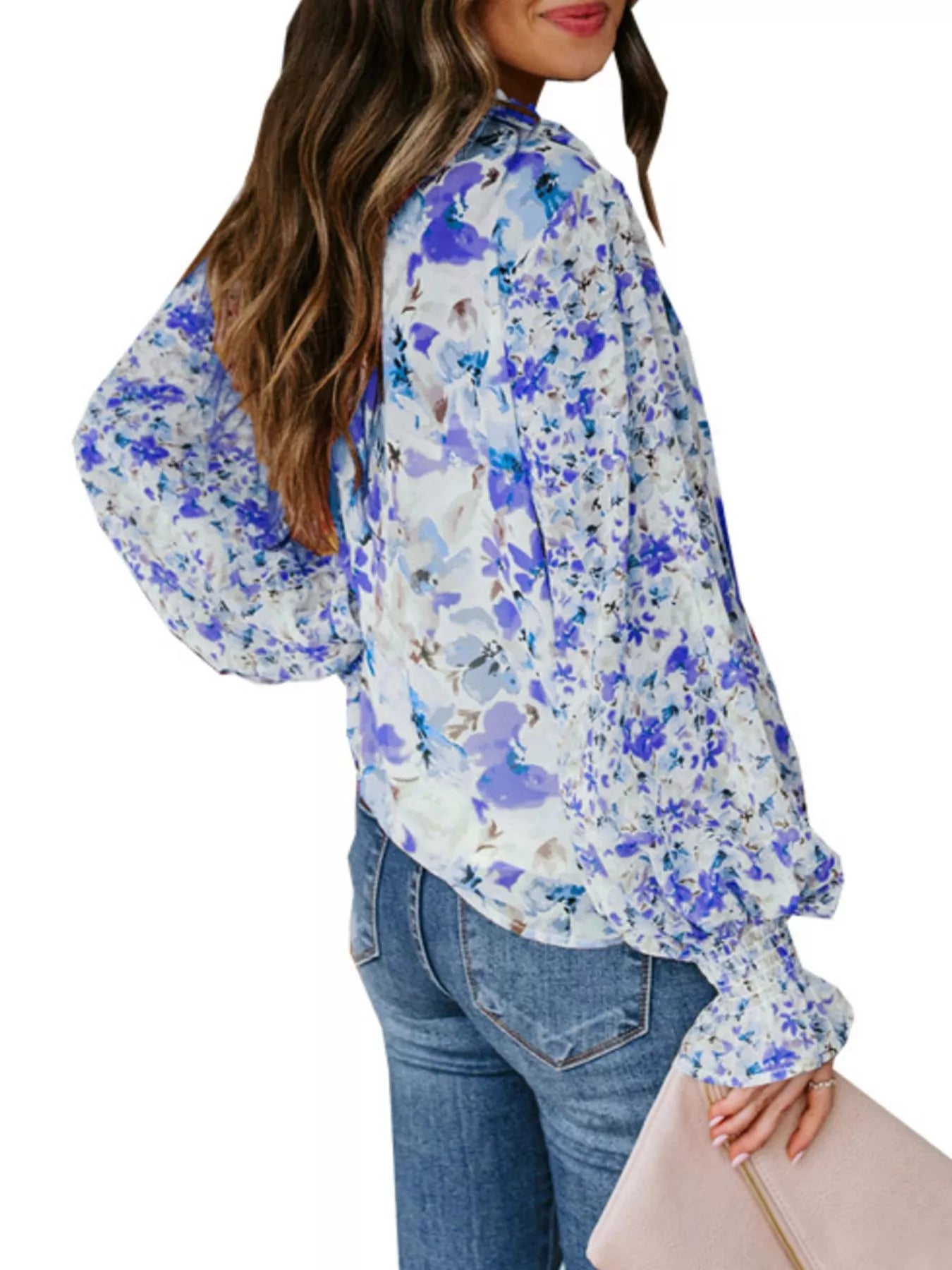 Floral Print Smocked Cuff Blouse Plus Size in Rose Red for Women