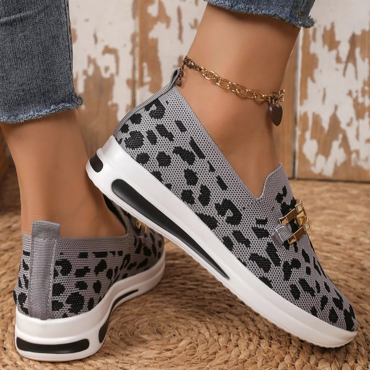 Leopard Round Toe Slip-Ons in Rice Leopard Print for Women