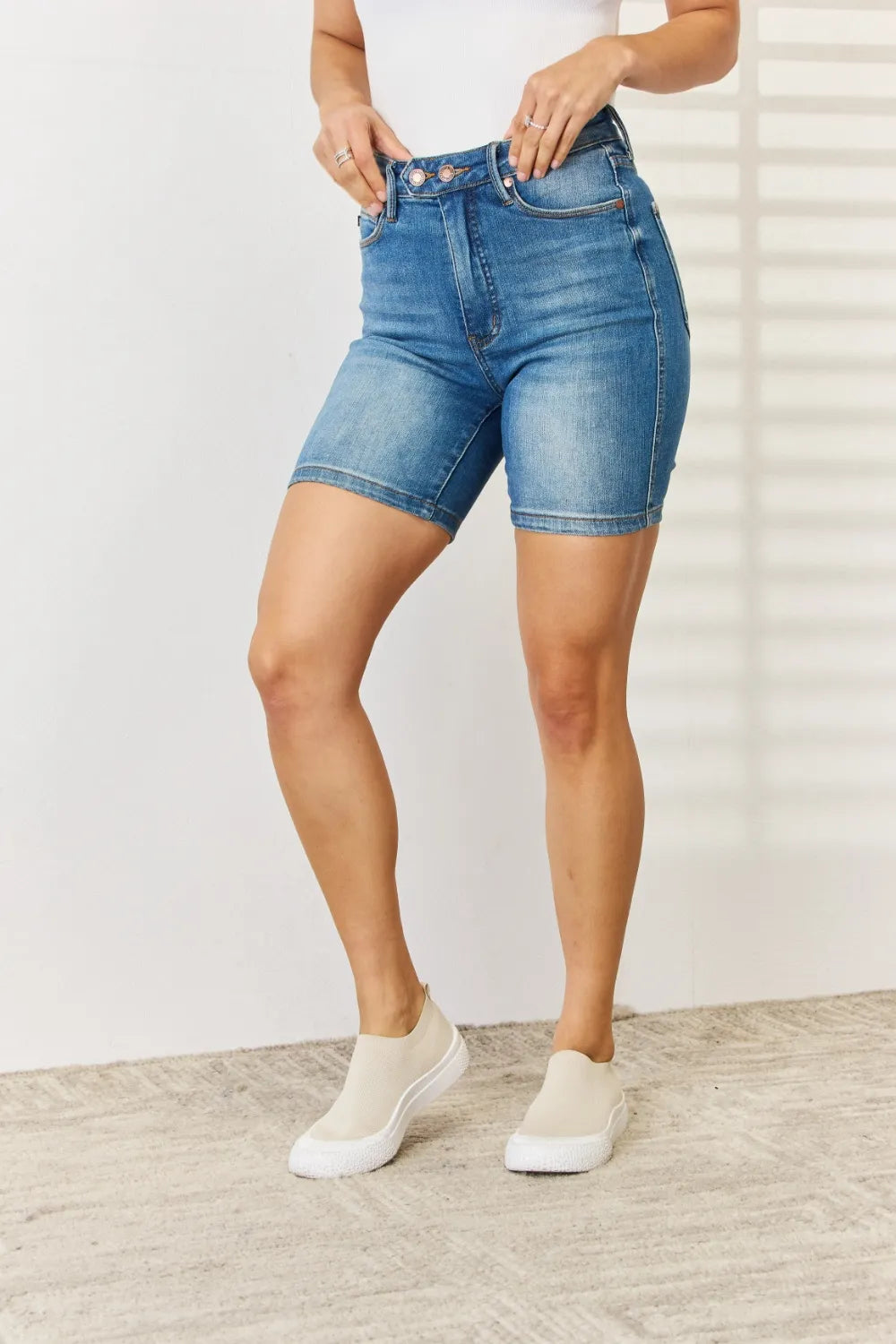 Plus Size Tummy Control Double Button Bermuda Denim Shorts in Medium for Women
