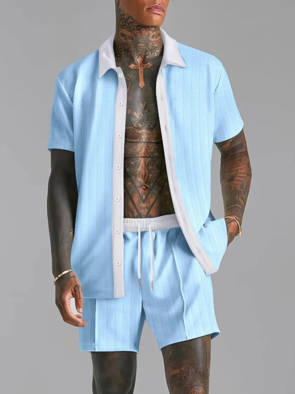 Collared Neck Short Sleeve Top and Shorts Set Plus Size in Tan for Men