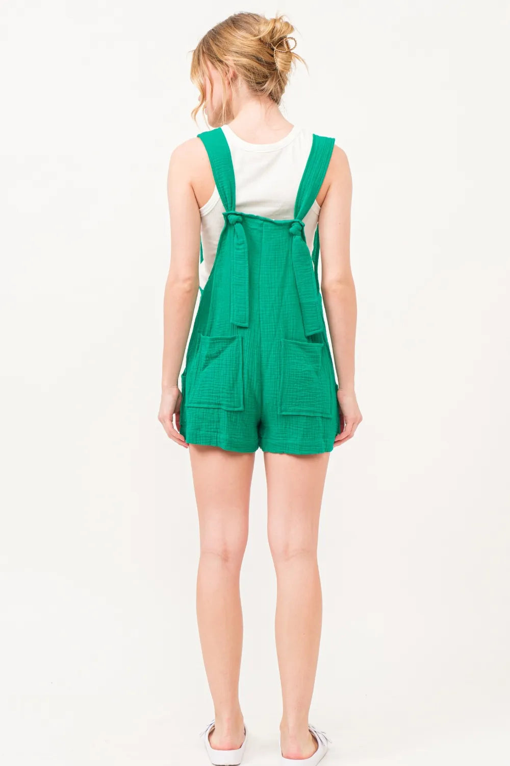 Button Up Tie Back Sleeveless Romper in Green for Women
