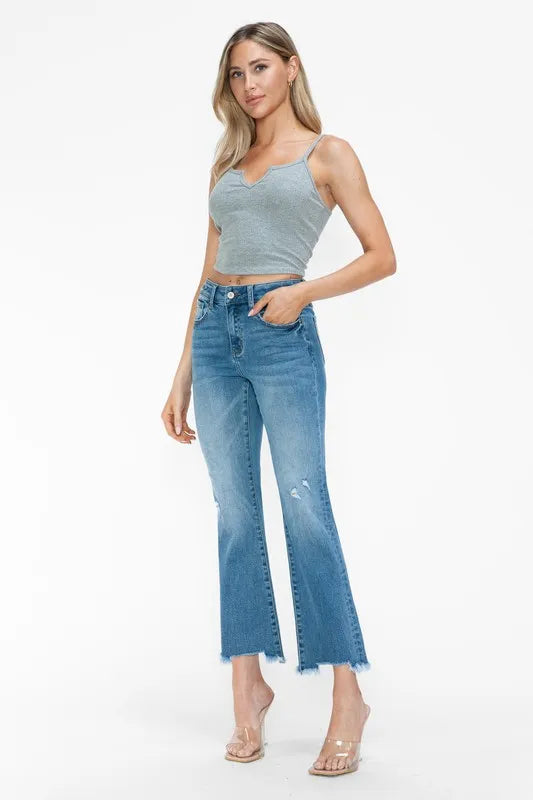 Raw Hem Distressed Mid Rise Crop Jeans in Medium for Women