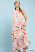Abstract Print Tiered Halter Midi Dress in Light Pink for Women