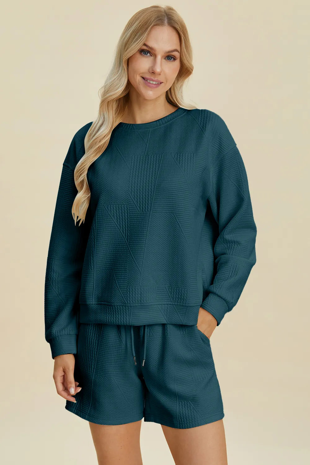 Plus Size Texture Round Neck Long Sleeve Top and Shorts Set in Peacock Blue for Women