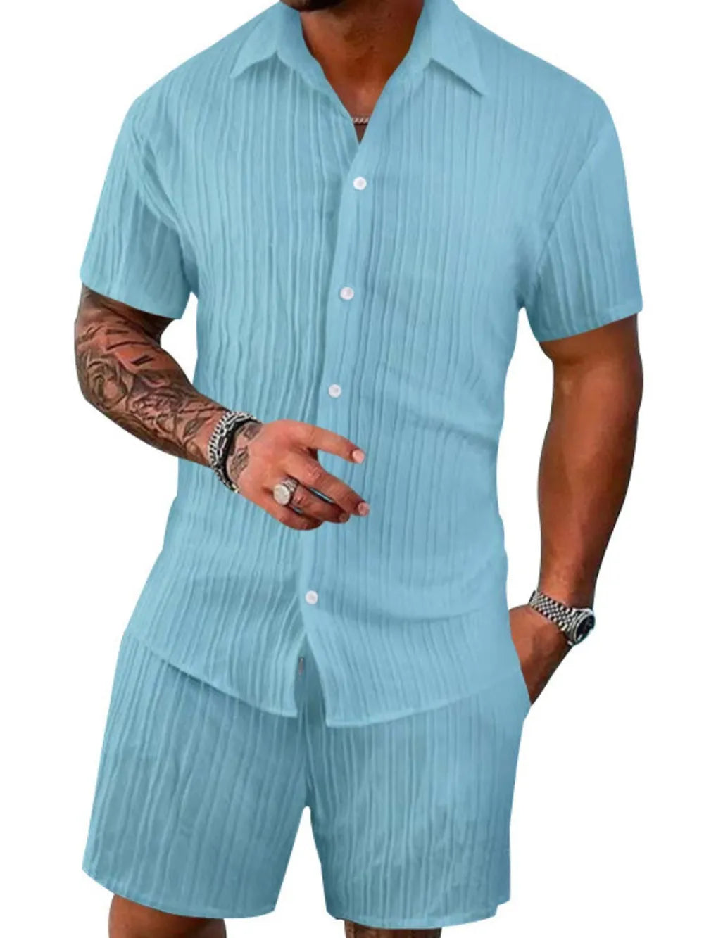 Button Down Short Sleeve Shirt and Shorts Set Plus Size in Black for Men